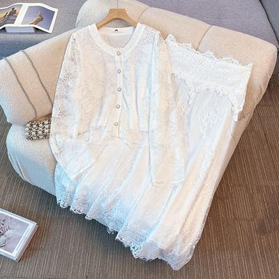 A New Two-piece Set of Plus-size Women's Clothing with Embroidered Beaded Tops and Skirts for Spring and Autumn