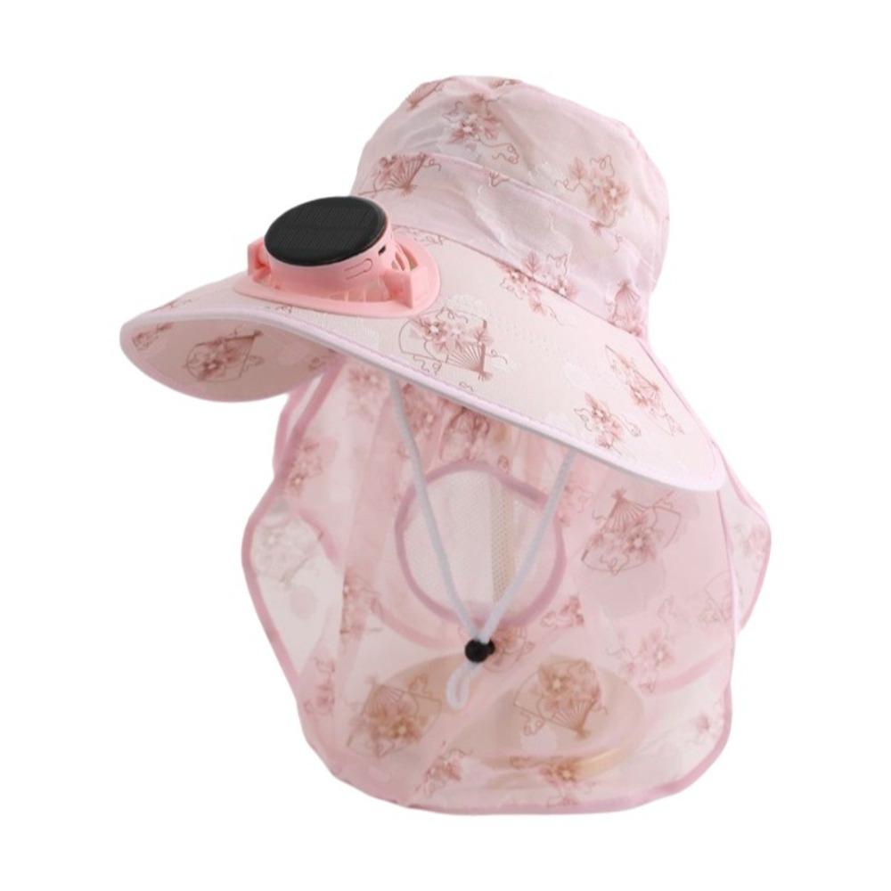 Door Fan Anti-UV Solar Fan Cap Breathable 300MA Current Sun Cap Long Sun Shield Floral Design Cooling Fan Hat Outdoor Activities