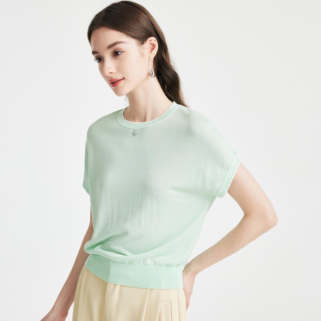 Simple and Fresh] Spring and Summer Round Neck Unique Decoration Age Reducing Daily Knitted T-shirt with Mulberry Silk for Women