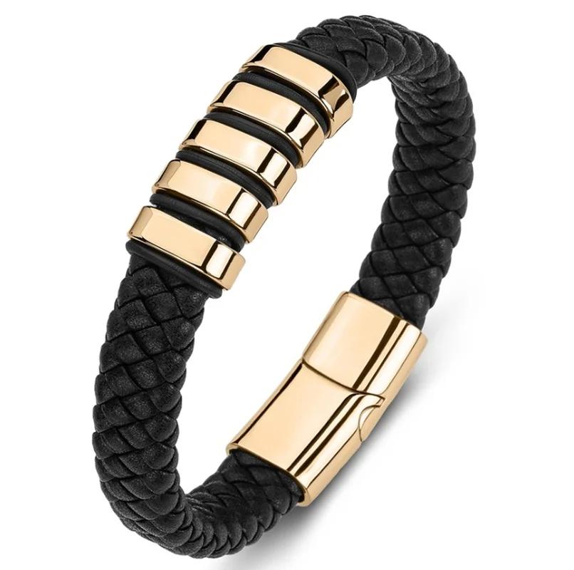 Double Layer Punk Brown Braided Leather Bracelet for Men with Metal Magnetic Clasp Stylish Business Bracelet Jewelry Gift