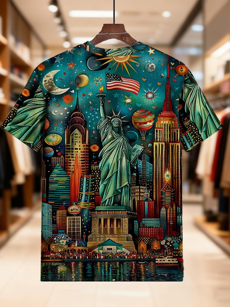 Men's Printed T-Shirt - Statue of Liberty Urban Graffiti Art Design, Breathable & Comfortable Casual Tee