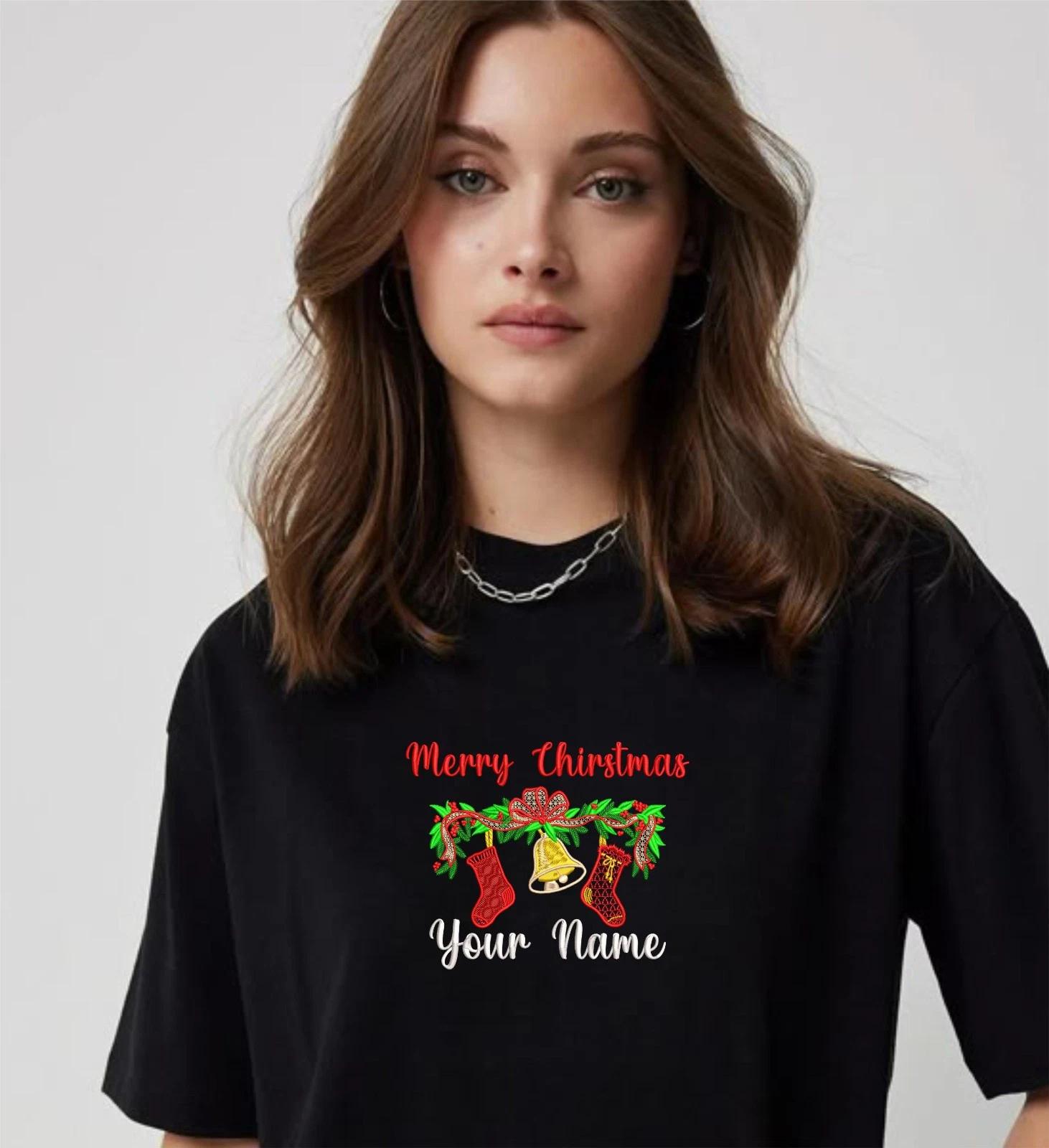 Personalised Embroidered Merry Christmas T-Shirt, Jingle Bells 2026 Tee Top M