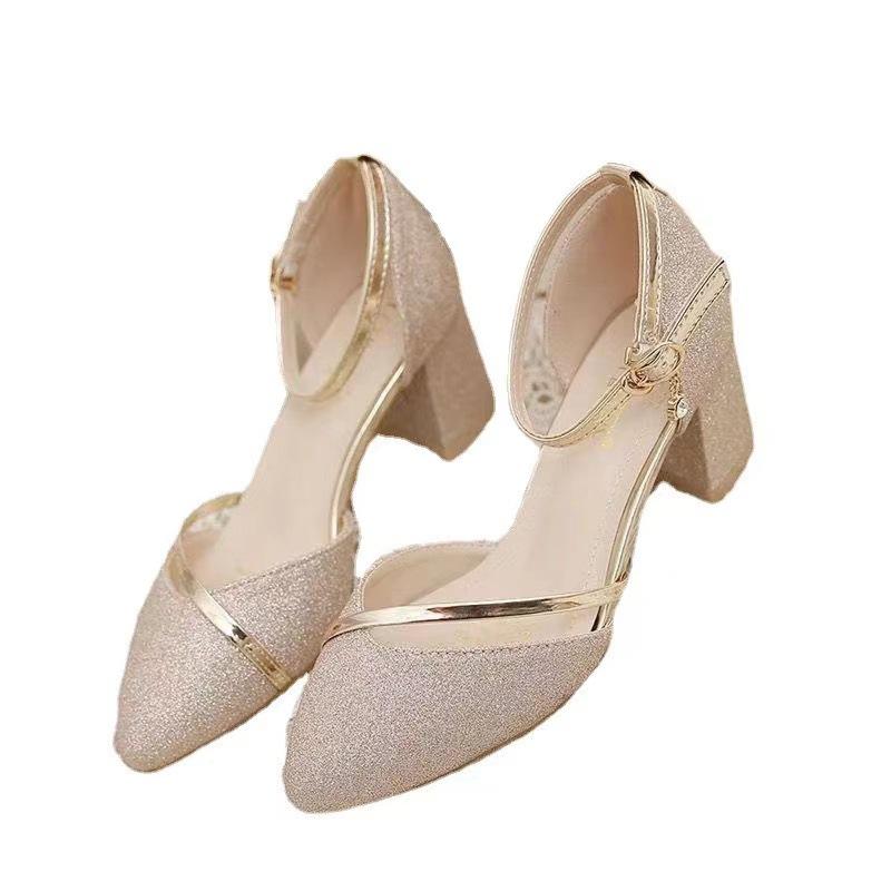 Spring New One-word Buckle Bag Head Sandals Women's Korean Version Thick Heel High Heels Pointed Hollow Daily Women's Sandals