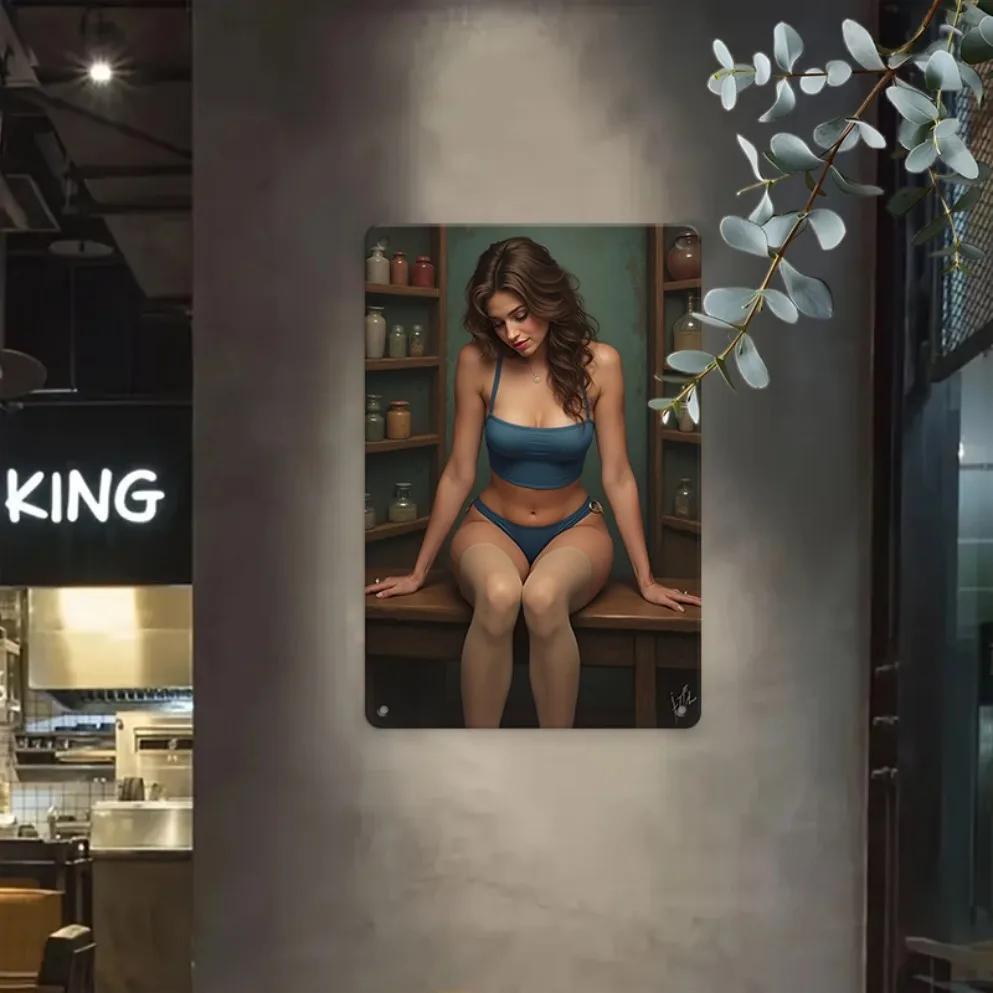Vintage Blue Bikini Lady Metal Wall Art Decor, Waterproof Hanging Sign for Home Kitchen Bar Bathroom