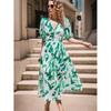 Summer Casual Boho Floral Print Midi Dress Women V Neck Short Sleeve Holiday Long Dress Fashion