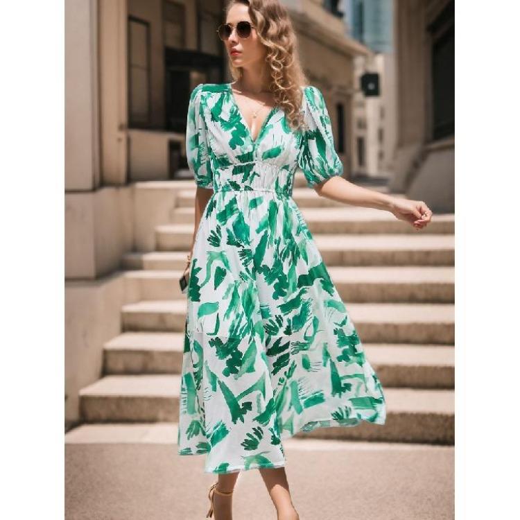Summer Casual Boho Floral Print Midi Dress Women V Neck Short Sleeve Holiday Long Dress Fashion