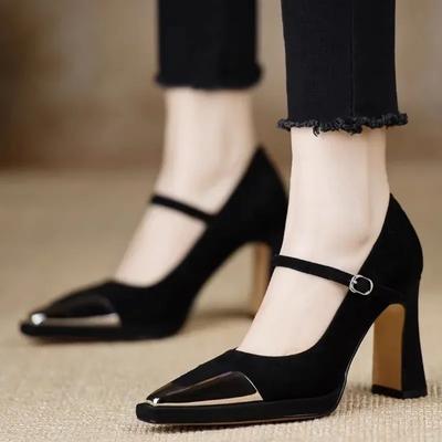 Mode Damen Schuhe 2024 Heißer Verkauf Basic Damen High Heels Klassiker Kleid Pumps Damen Spitz Zehen Schnallenriemen Klobige Absätze Schuhe Damen