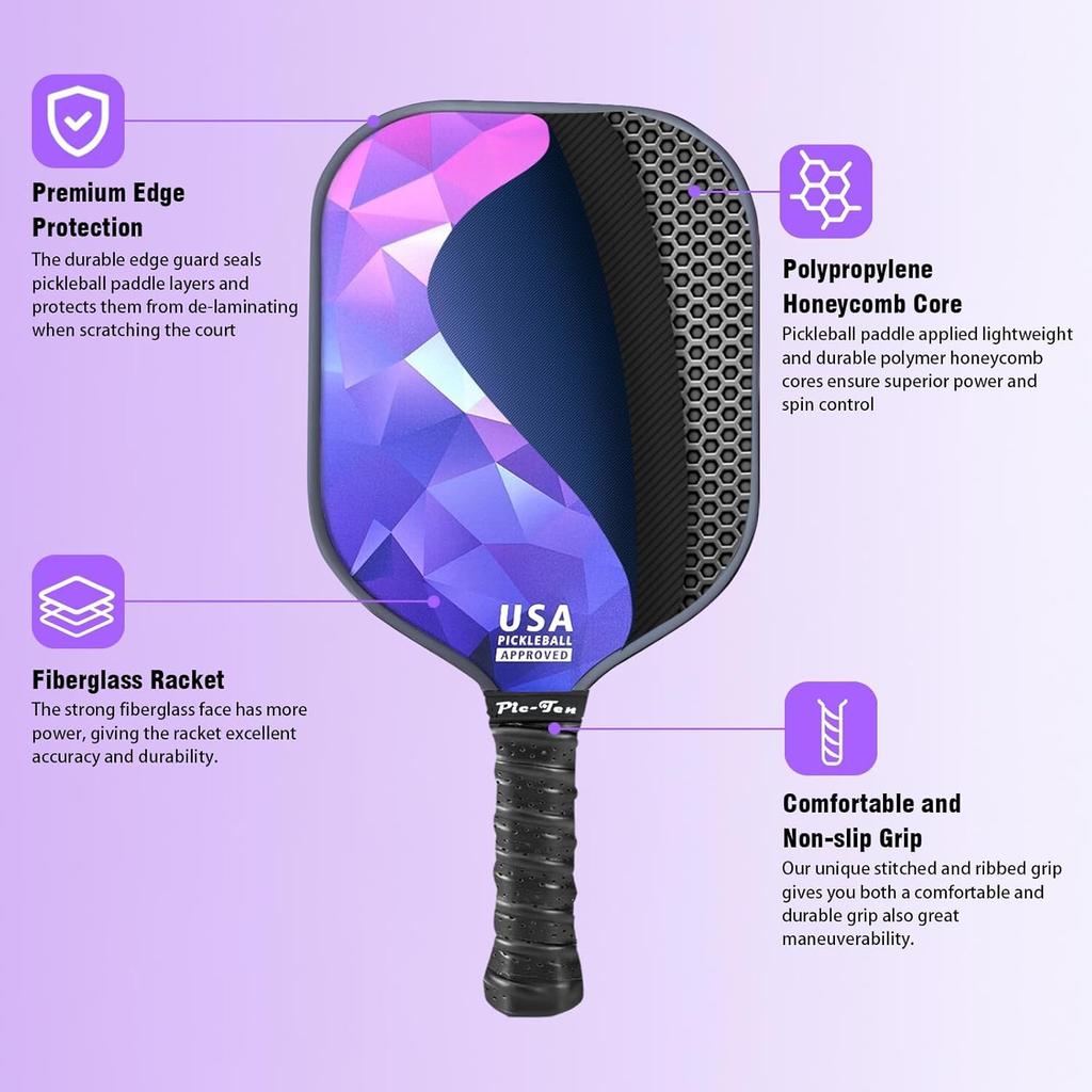 Pic-Ten 16mm Fiberglass Pickleball Paddle Set Purple 2-Pack USAPA Approved Honeycomb Core Anti-Slip Grip
