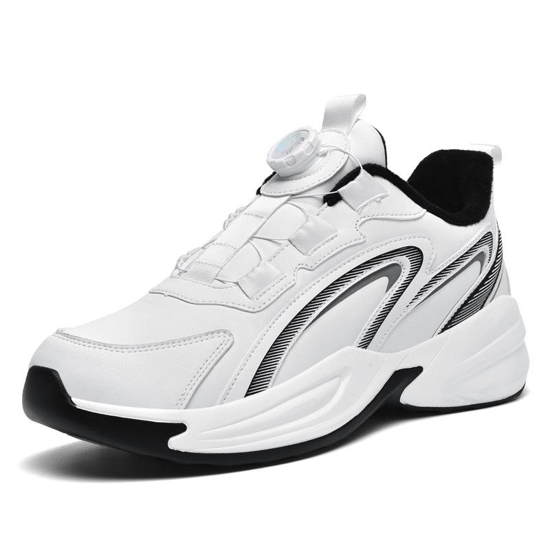 Autumn New Waterproof Leather Sneakers Men's Rotating Button-free Shoelaces Non-slip Large-size Youth Running Shoes