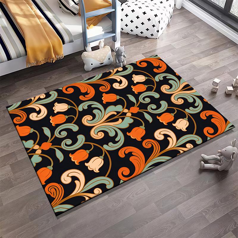 Vintage Floral Pattern Carpet with Orange Bell Flowers on Black Base Suitable for use as an anti-slip for living room bedroom sofas
