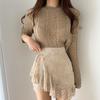 Chic Thin Knit Top Women's Autumn Versatile Crew Neck Loose Hollow Out Short Long Sleeve Pullover