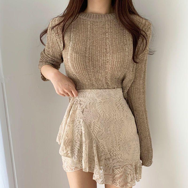 Chic Thin Knit Top Women's Autumn Versatile Crew Neck Loose Hollow Out Short Long Sleeve Pullover