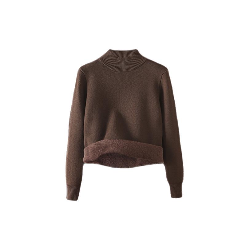 2025 Women's Thick Fleece Knit Sweater - Half-High Collar, Plus Velvet, Warm Base Layer for Autumn & Winter
