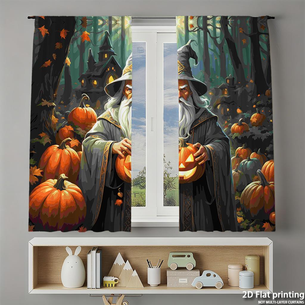 Piece Set High Definition Digital Printed Curtainshalloween Wizard Darkgreen Orange Pumpkin Theme Style Curtainhome Decorat Curtain Polyester