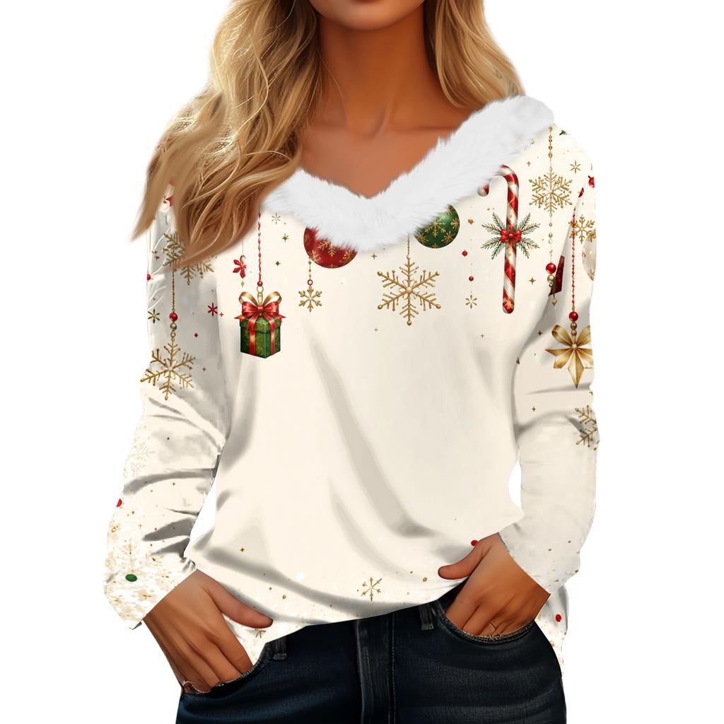 Women's Christmas Print Long Sleeve V-Neck Top with Plush Collar