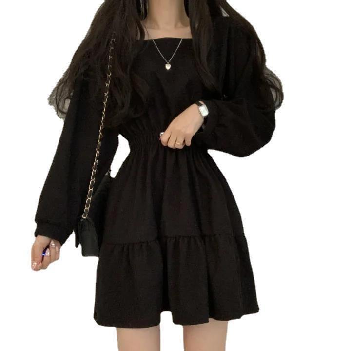 European & American Style Pleated Square Collar High Waist Retro Dress