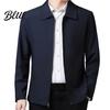 Zip Up Men Coat Jacket Lapel Solid Color Mid-aged Elderly Long Sleeve Zipper