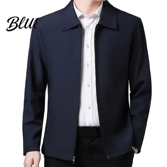 Zip Up Men Coat Jacket Lapel Solid Color Mid-aged Elderly Long Sleeve Zipper