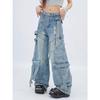 Damen Deconstructed Cargo-Jeans mit mehreren Taschen und Rissen - Gewaschen, Lockerer Gerader Weiter Bein