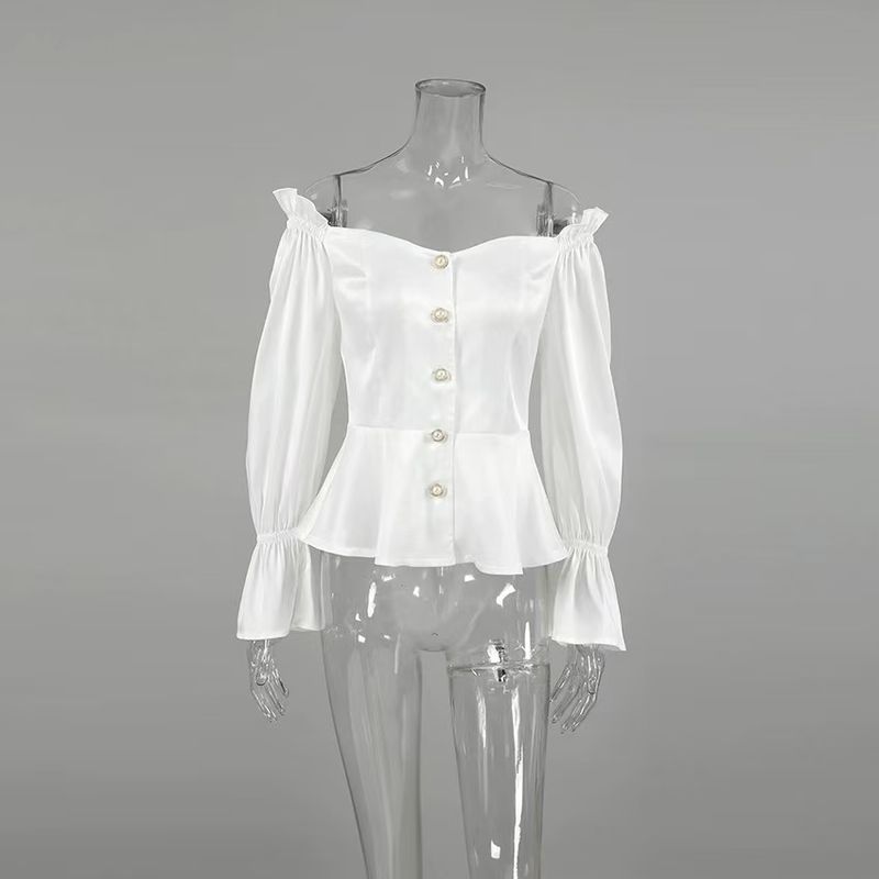 

Новое поступление Французский стиль Сатин Модный Сексуальный с открытыми плечами С открытыми плечами Рубашка Сексуальная рубашка с открытыми плечами White S