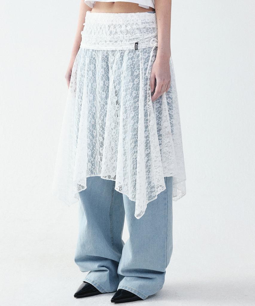 Nigaennikol Lace Shirring Flare Midi Skirt_Ivory