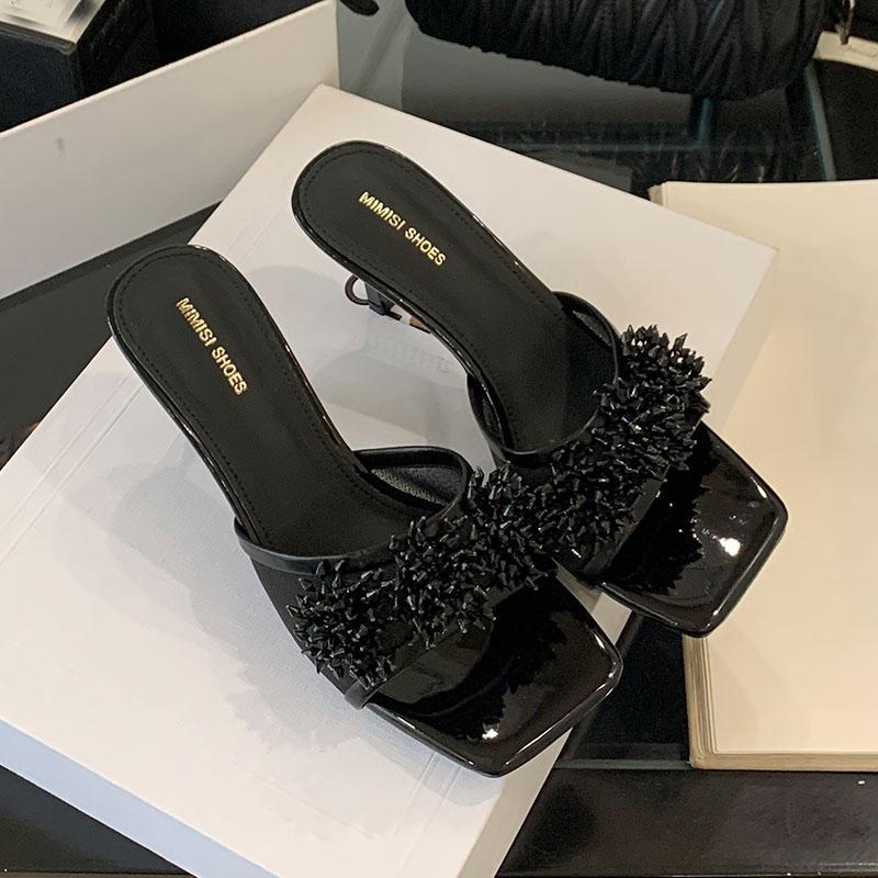 

Fashion Fashion Luxury Rhinestones Women Thin Heels Pumps Shoes Slip On Footwear Ladies High Heels Shoes Female Slides Sandals 35 чёрный