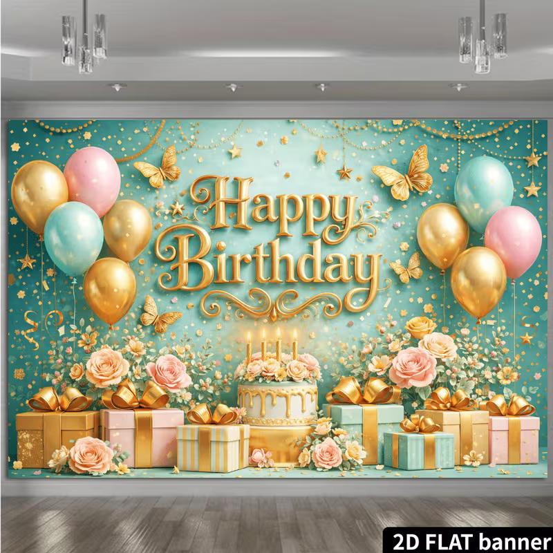 2D Teal Gold Birthday Backdrop Pink Rose Flower Butterfly Photo Background