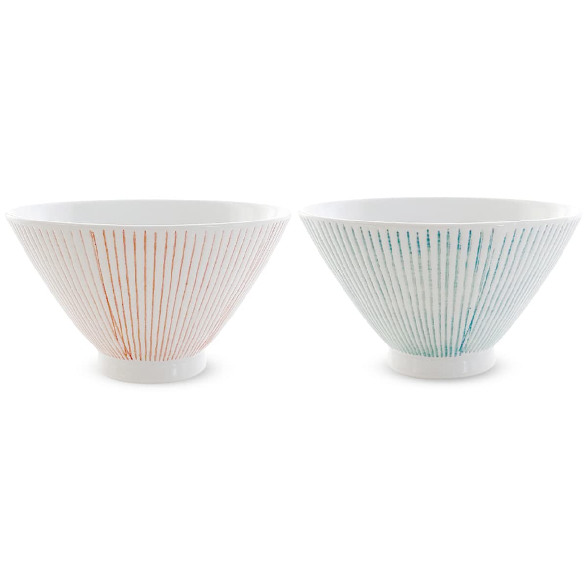 J-Kitchens Kunzan Kiln Pair of 11cm Hasami Ware Tea Bowls, Made in Japan, Striped (Light Blue and Red)