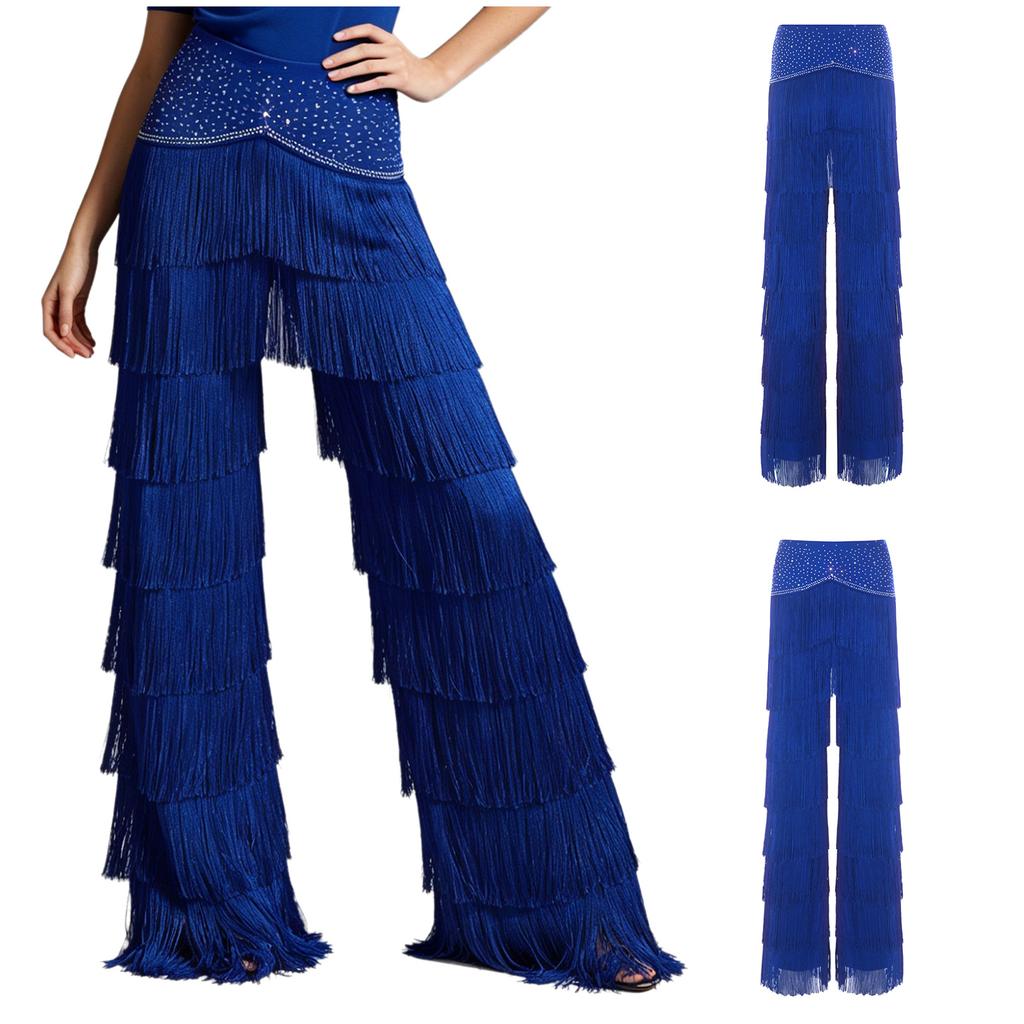 Pantaloni da Donna Latini Tango con Frange Vita Strass Strati Nappe Gamba Dritta per Cha-cha Rumba Allenamento Competizione Sala da Ballo