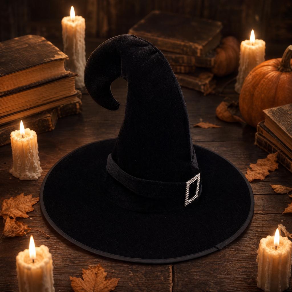Halloween Velvet Witch Hat with Curved Tip for Costume Party and Dress Up