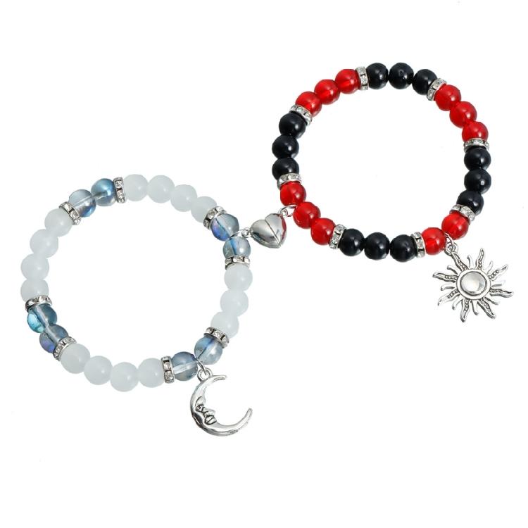 2Pieces Elegant Crystal Bead Bracelet Magnetic Clasp Handchain for Couples Adjustable Matching Wristbands Accessory