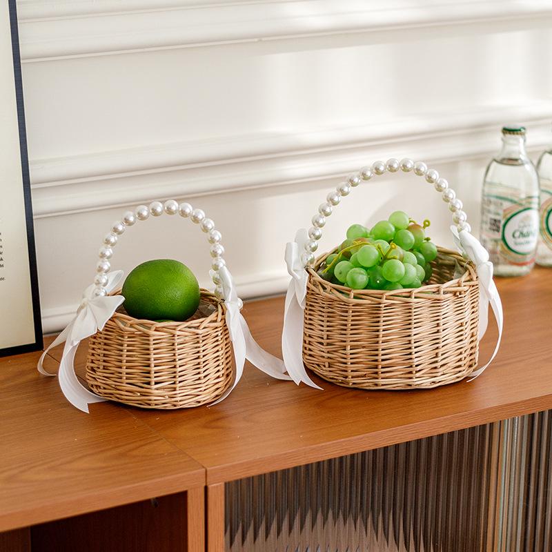 Elegant Pearl Handle Woven Flower Basket for Weddings and Events