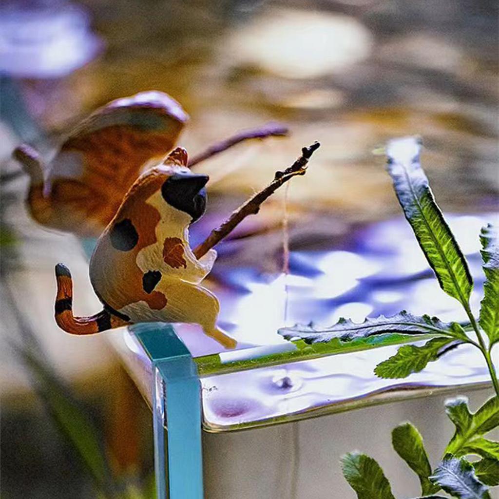 Animal Aquarium Decorations Miniature Fishing Cat Figurines Set Safe Material Decoration for Small Medium Fish Tanks