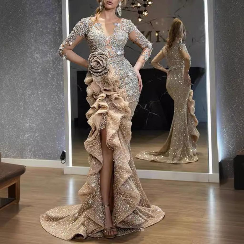 New Women's Sequin Long Sleeve Trailing Evening Prom Gown, Sexy Formal Party Dress for Crossborder
