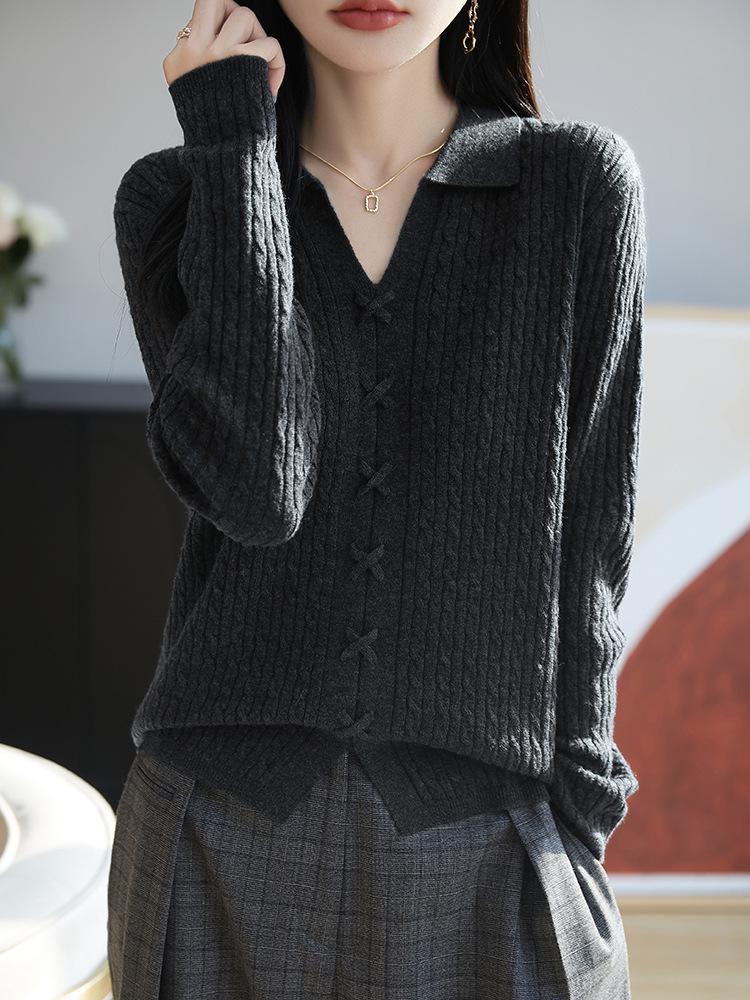 Women's Slim Fit Polo Collar French Retro Knit Sweater