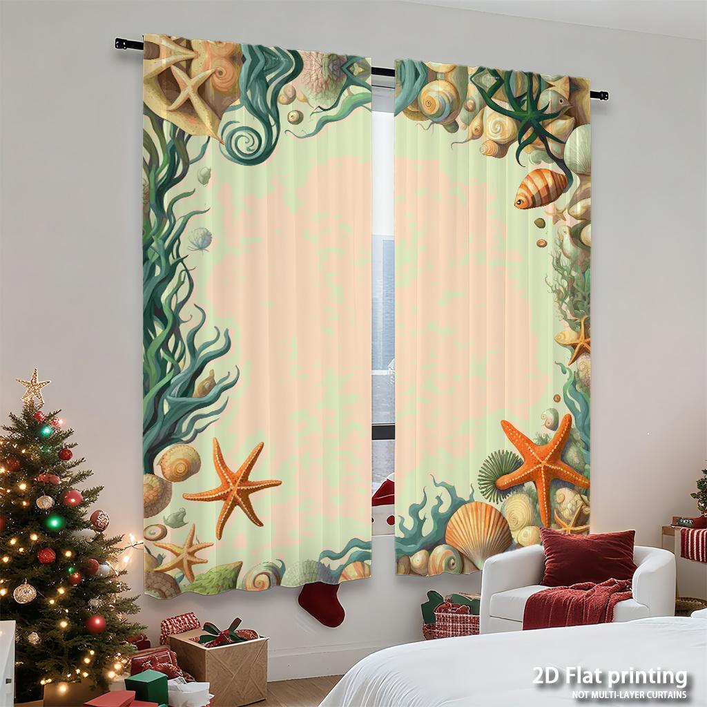 Piece Set High Definition Digital Printed Curtainsseafloor Themed Pastel Color Sea Creatures Border Patternhome Decoration Curtain Polyester