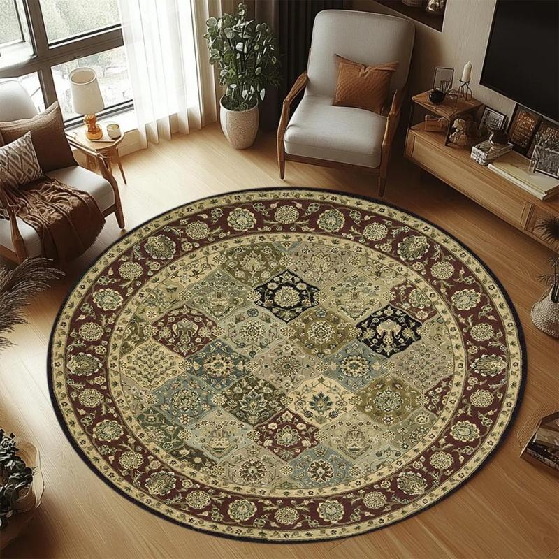 Antique Tribal Round Area Rug, Retro Geometric Floral Circular Floor Mat, Study Room Home Decor