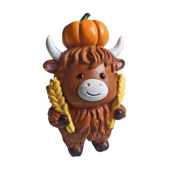 Christmas Highland Cattle Statue Thanksgiving Day Pumpkin Highland Cow Figurine Sculpture Home Office Desktop Decoration Ornament