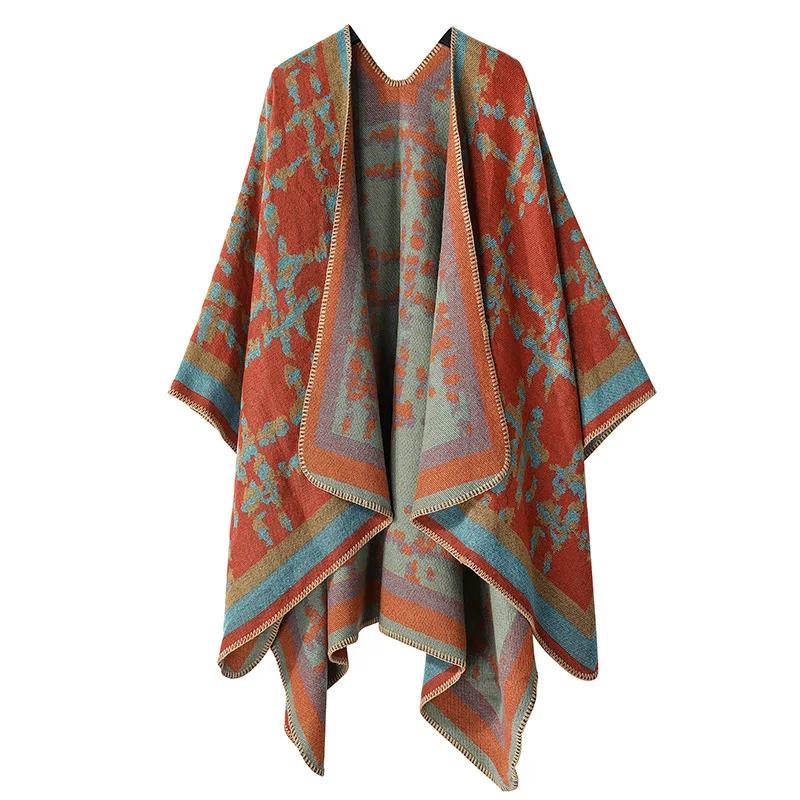 Knitted Shawl Women's Winter Thick Seam Shawl European and American Dual-use External Scarf Warm Printed Fashionable Scarf Cape