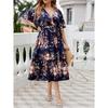 Plus-Size Navy Blue V-Neck Print Summer Dress