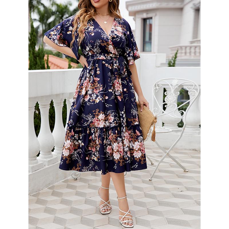 Plus-Size Navy Blue V-Neck Print Summer Dress