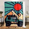 Bold graphic pattern featuring a red sun, rays, and stylized mountains. for all seasons blanket lunch break throw gift
