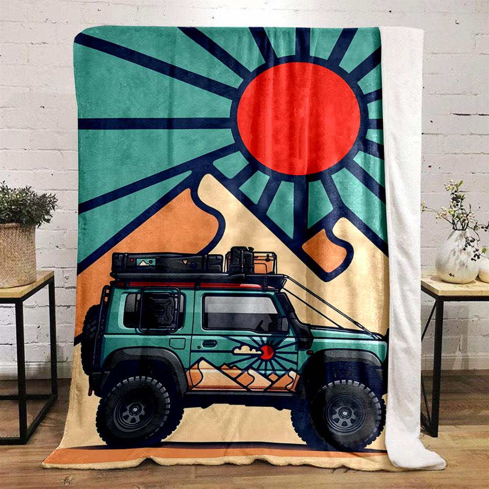 Bold graphic pattern featuring a red sun, rays, and stylized mountains. for all seasons blanket lunch break throw gift