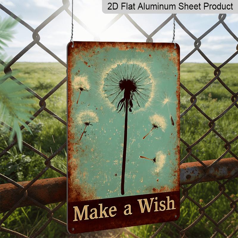 2D Flat, 1pc Vintage "Make A Wish" Dandelion Aluminium Sign - 8"x12" Rustic Floral & Whimsical Decor, Dreamy Dandelion Wall Art, Perfect Gift for