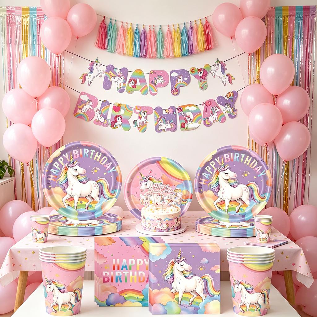 Girl Unicorn Birthday Party Decoration Disposable Tableware Paper Plate Cup Tablecloth Unicorn Theme Birthday Party Decor Suppl