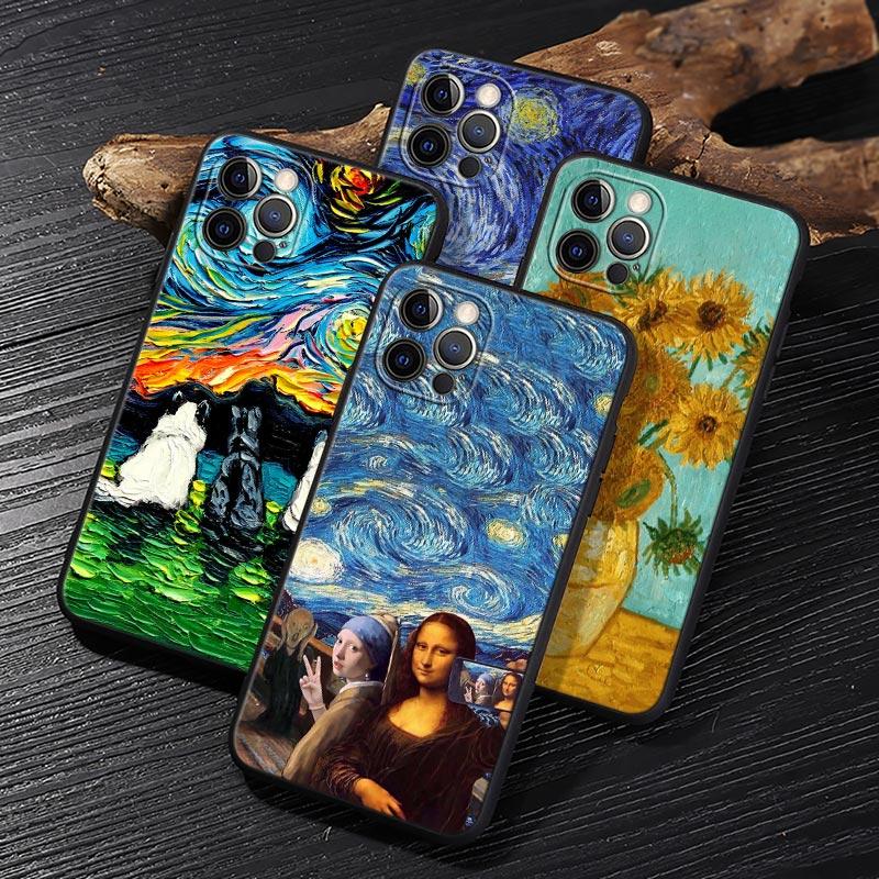 Van Gogh Starry Night Cat Oil Painting Funda For Iphone 15 Pro 14 11 12 13 Pro Max Mini XS X 7 8 14 Plus SE2020 Cases Soft Cover