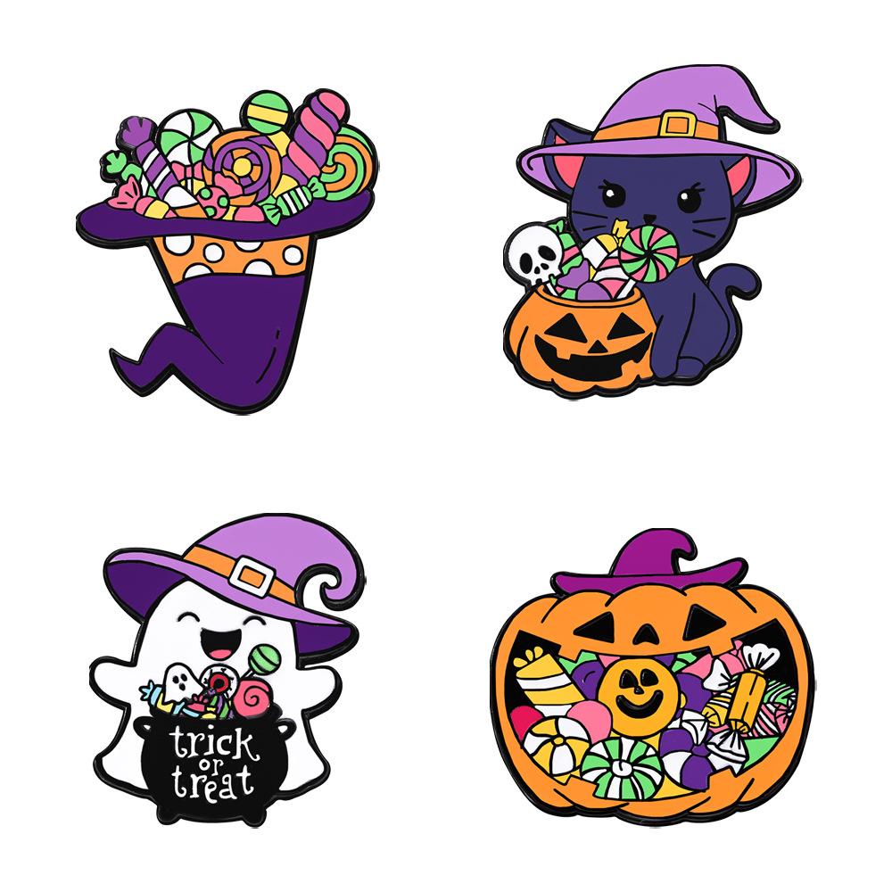 Halloween Ghost Metal Brooches Lapel Pins Candy Wizard Cat Hat Pumpkin Ghost Magic Cartoon Badge Horror Jewelry Friends Gift