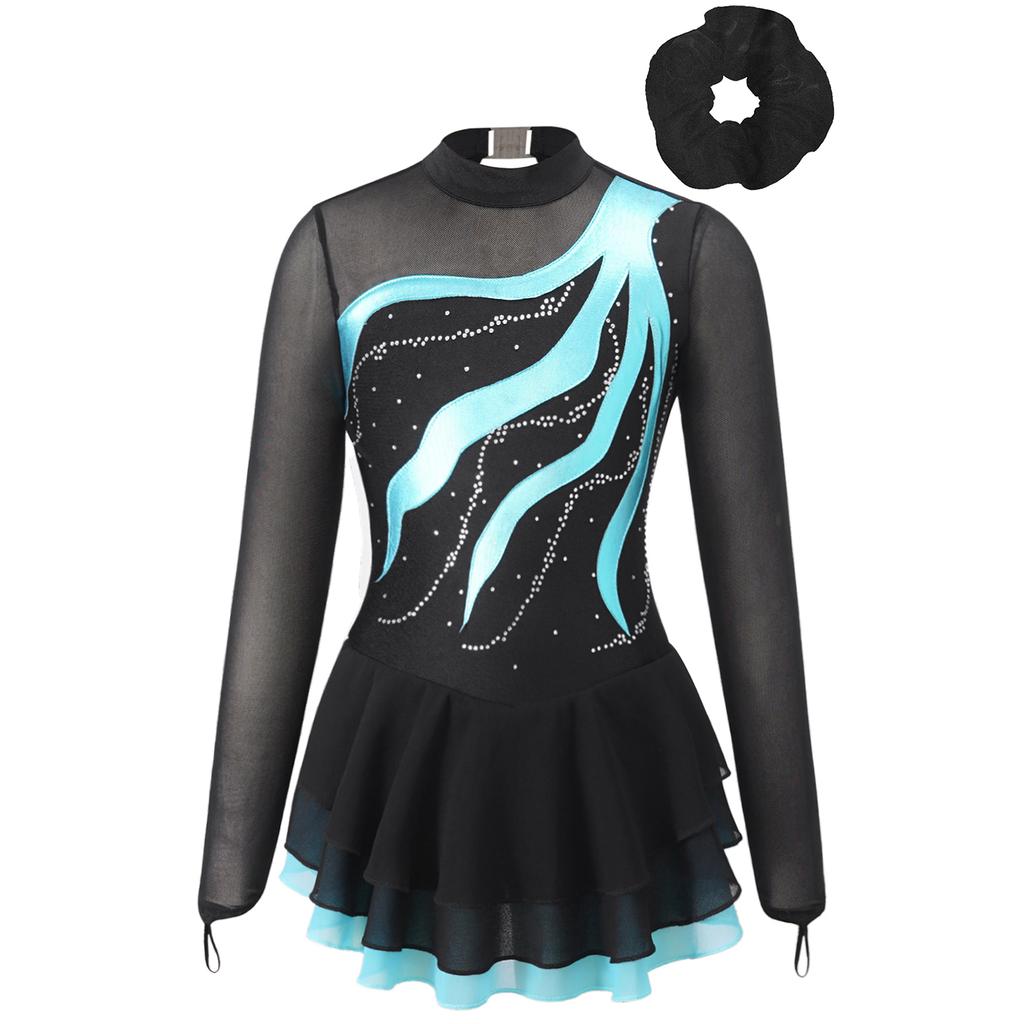 Girls Figure Skating Dance Costume Long Sleeve Rhinestone Patchwork Hollow Back Dress Hair Band