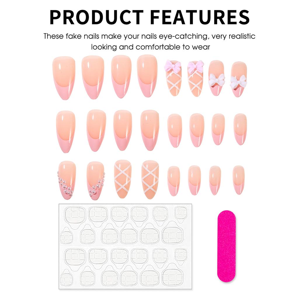 24PCS Nude Fake Nails with French Pink Tip Reusable Long Lasting Press on Nails for Fingernail DIY Decoration