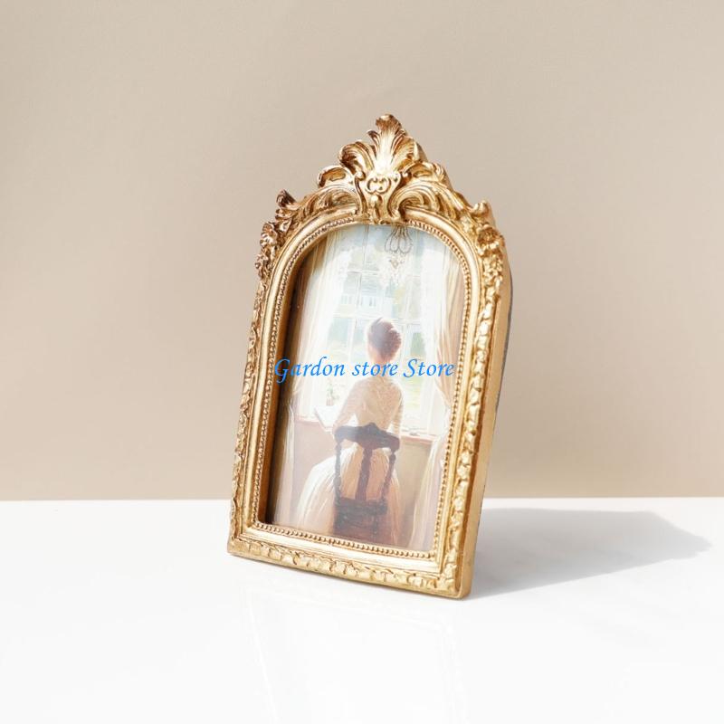 B0KB Florals Embossed Resins Picture Holder Antique Arch Photo Frame Includes Double Display Option Wall Hanging or Tabletop